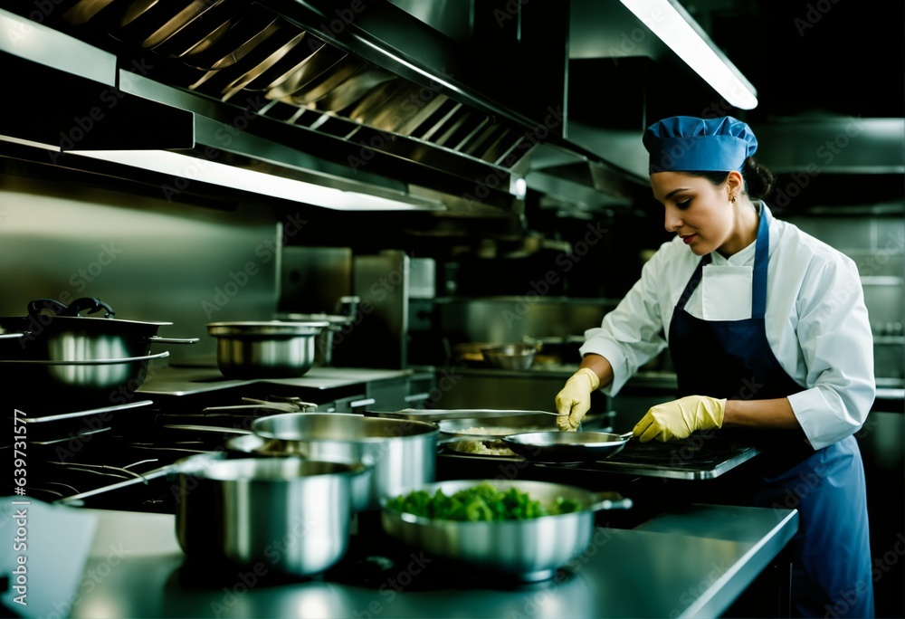 Wall mural Busy kitchen with cook making food and wearing gloves for safety