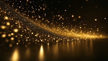 Fototapeta na wymiar Digital gold particles wave with shining floor - light abstract background, particle stars dust, futuristic glittering, luxury golden sparkling, black background