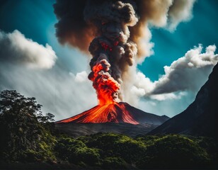 Volcano eruption with lava - concept background, natural disaster, fiery flow