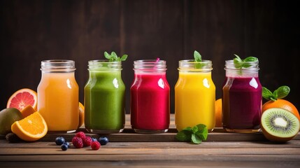 Colorful fresh juices or smoothies on a wooden desk