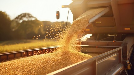 Harvester pouring freshly harvested corn maize seeds or soybeans into container trailer near