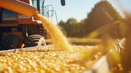 Harvester pouring freshly harvested corn maize seeds or soybeans into container trailer near