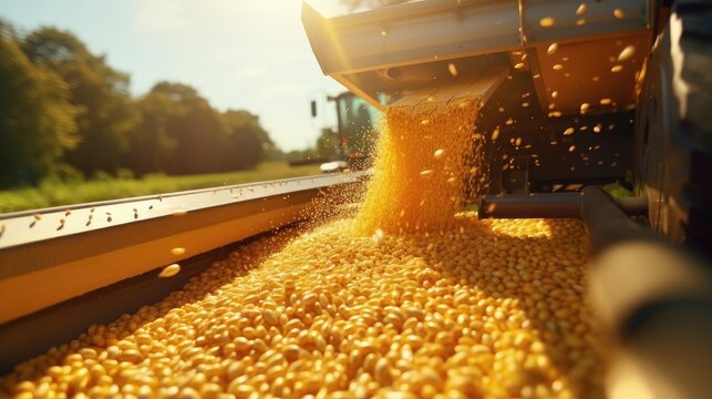 Harvester pouring freshly harvested corn maize seeds or soybeans into container trailer near