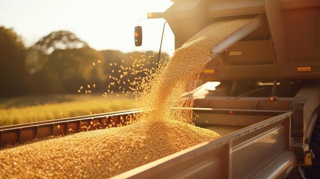 Harvester pouring freshly harvested corn maize seeds or soybeans into container trailer near