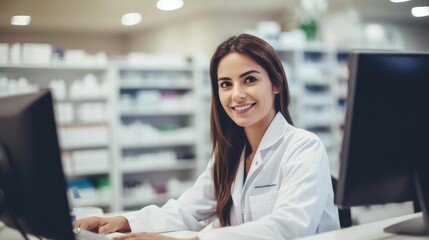 Portrait pharmacist woman at counter table with computer in a pharmacy 