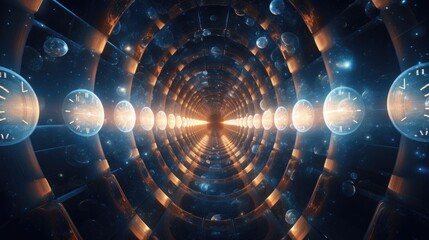 A 3D render of a hyperspace tunnel lined with clocks, an abstract representation creating a surreal...