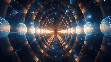 Foto op Plexiglas A 3D render of a hyperspace tunnel lined with clocks, an abstract representation creating a surreal visual experience of time travel and the fluidity of temporal dimensions © Mahenz