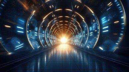 A 3D render of a hyperspace tunnel lined with clocks, an abstract representation creating a surreal...