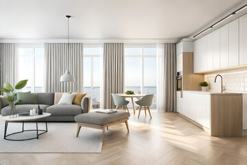 interior design spacious bright studio apartment in Scandinavian style and warm pastel white and beige colors. trendy furniture in the living area and modern details in the kitchen. 3d render