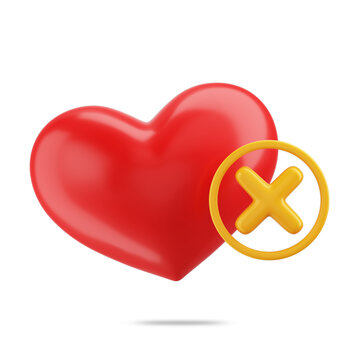 Red heart symbol and yellow wrong sign 3D rendering. The concept is wrong decision, broken heart, no boyfriend, delusion, single and lonely. PNG file type. 3D illustration.