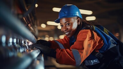 Woman plumber working near metal pipes indoor