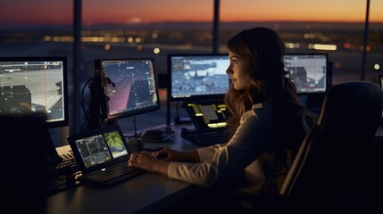 Woman working as air traffic controller. Female sitting at airport control tower - obrazy, fototapety, plakaty