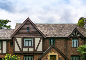 Two-story beautiful old brick house facade, Boston, MA, USA