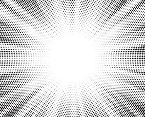 Radial halftone pattern texture. Vector black and white radial dot gradient background for retro, vintage wallpaper graphic effect. Monochrome pop art dot overlay for poster illustration.