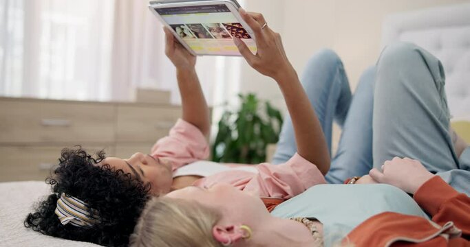 Tablet, search and women friends on a bed with ecommerce, choice or web catalog at home. Online shopping, sale and customer ladies in a bedroom for membership, payment or sign up deal in a house