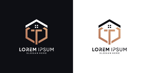 Letter t and house logo design vector illustration with hexagon concept