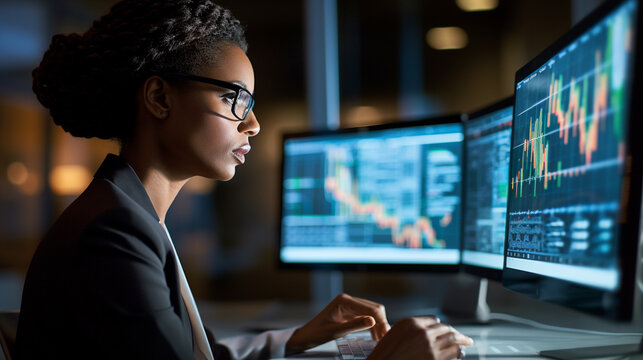 Young Black Female Business Executive in Modern Office, Leading AI in Finance