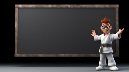Karate sensei character with blackboard, chalkboard isolated background with copy space, 3D rendering