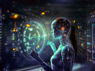 female cyborg touching hologram screen ovefintech finance technology changing the world concept and way of working between human and artificial intelligence, advanced technology, futuristic, economy  