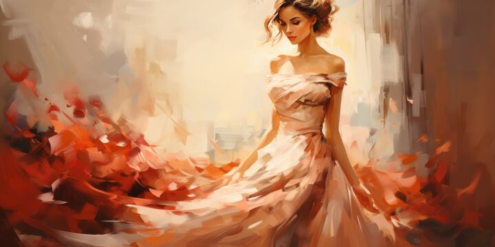oil painting of an elegant lady in a gorgeous dress, generative AI