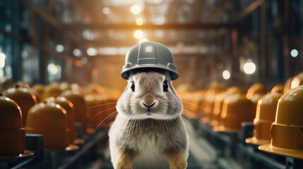 Fototapeta na wymiar A rabbit wearing a hard hat in a factory. Generative AI.