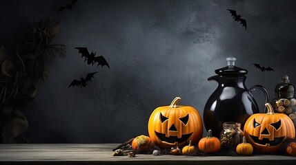 halloween pumpkin with bats on dark background and space for text