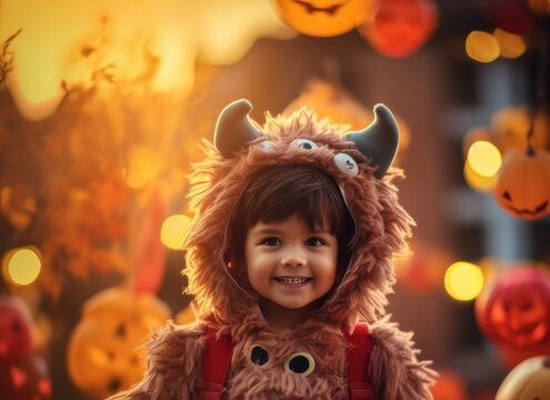 A Little Kid Dressed Up As A Monster. Halloween. Generative AI.