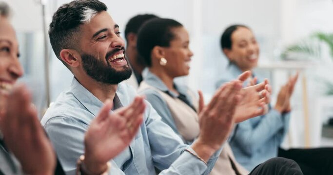 Happy business people, man and group with applause in seminar, tradeshow and achievement of success. Face, employees and crowd clapping to celebrate workshop, praise and winning award at conference