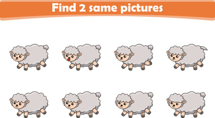 Funny cartoon sheep. Find two same pictures. Educational game for children. Cartoon vector illustration
