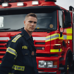Bombero junto a un cami&oacute;n de bomberos
