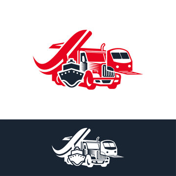 import export design, creative world trade, transport logo,Road and Logistic Transportation, ship, plane, truck, train transport logo, vector illustration