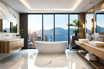 Fototapeta premium Stylish bathroom interior design with marble panels. Bathtub, towels and other personal bathroom accessories. Modern glamour interior concept. Roof window. 3d rendering