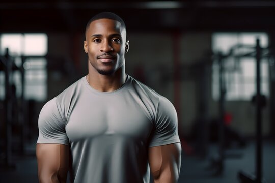 Confident African American male fitness coach in a gym background, professional trainer, Horizontal format 3:2