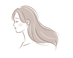 サラサラロングヘアの女性の横顔のイラスト