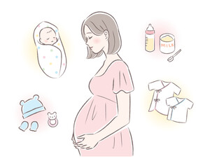 赤ちゃんを迎える準備を考える妊娠中の女性のイラスト