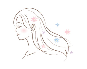 お花とロングヘアの女性の横顔のイラスト