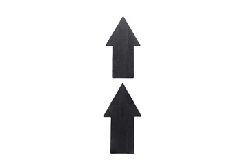 Two wooden arrows point up on white background with clipping path. Business concept.