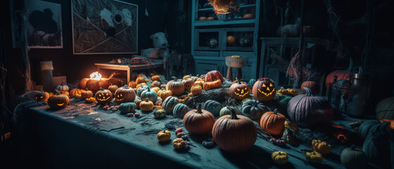 Colorful background of Halloween collection, Halloween celebration, iconic decorations such as pumpkin, spiderweb and skulls created with Generative AI Technology