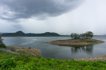 Island in the middle of the water inside Pranburi Dam