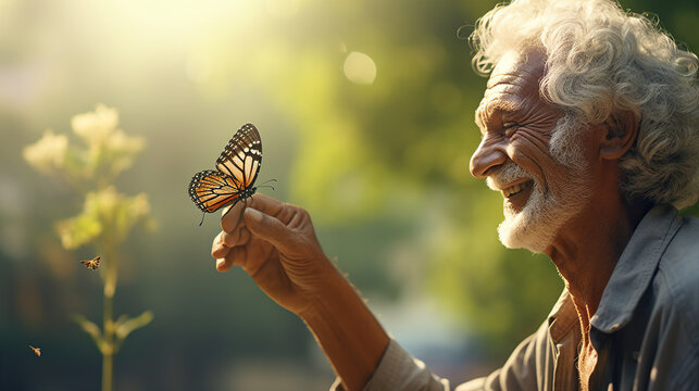 Nature Walk: An image of a retiree's face beaming with wonder as they observe a butterfly resting on their hand during a leisurely stroll in the park