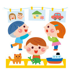 作品展で作品を鑑賞する子どもたちのイラスト
