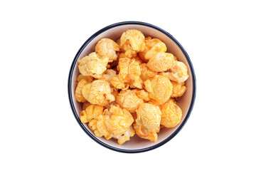 Popcorn with cheddar cheese in round ceramic bowl on a white background with clipping path. Delicious cheese popcorn