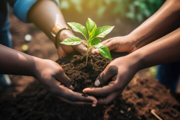 Group of volunteers joins hands together for plant a tree, World environment day global