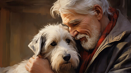 Naklejka na ściany i meble Caring for Pets: A close-up of a retiree lovingly petting their furry companion