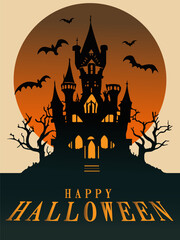 Halloween pumpkin and dark castle on orange moon background, illustration.