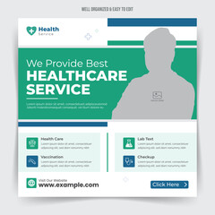 Healthcare social media post or medical square banner for hospital clinic promotion with editable content.
