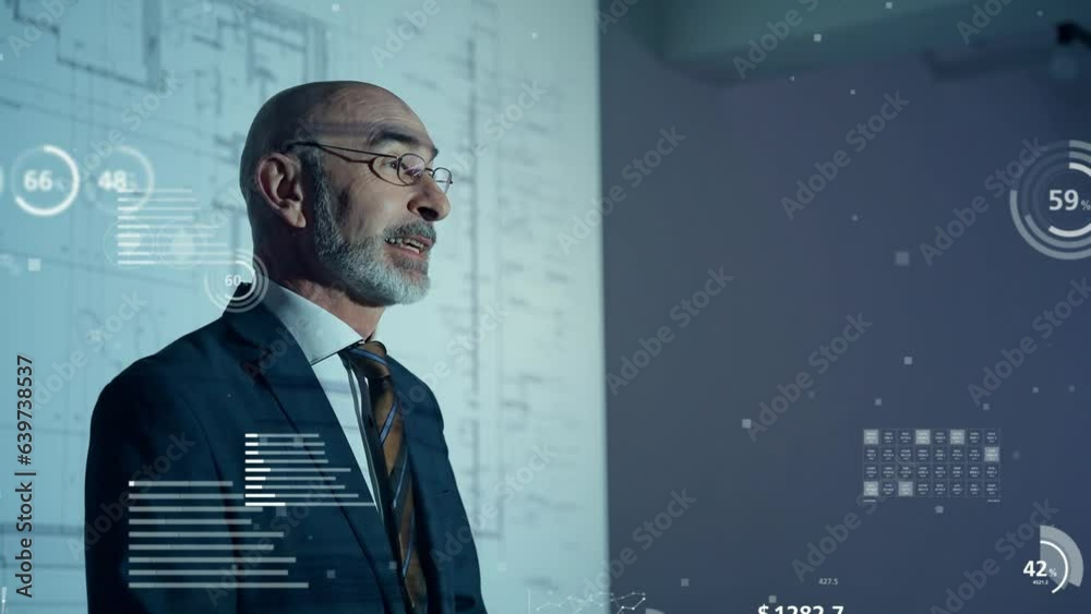 Poster Middle aged businessperson giving a presentation using a projector and digital data concept. Digital transformation. Management strategy.