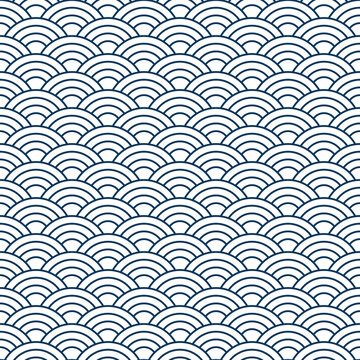 Japanese traditional blue ocean wave seamless pattern with line for textile, card, poster, wallpaper, png with transparent background.