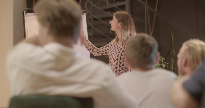 Portrait of student at flipchart discussing tasks, expressing various opinions during university seminar. Intellectual exchange and concept exploration at school lesson Collegiate discourse background