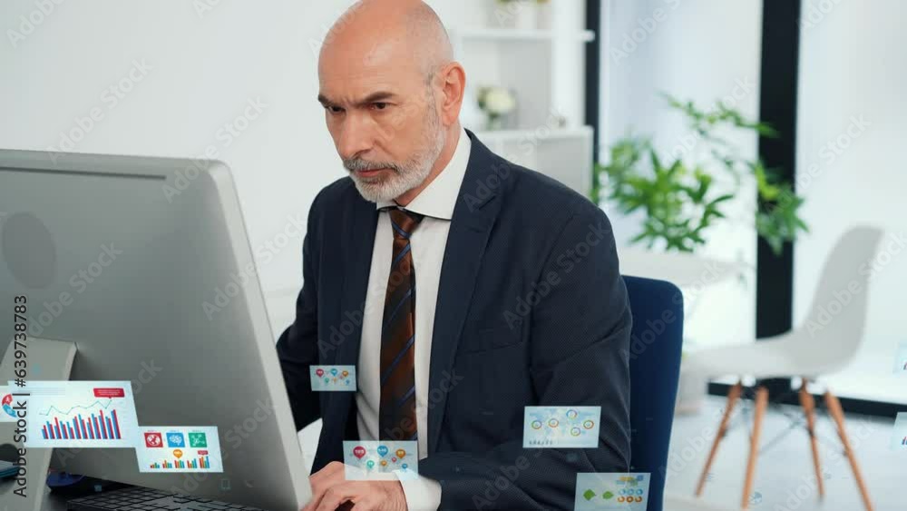 Poster middle aged businessperson working in office and digital documents concept. digital transformation. 